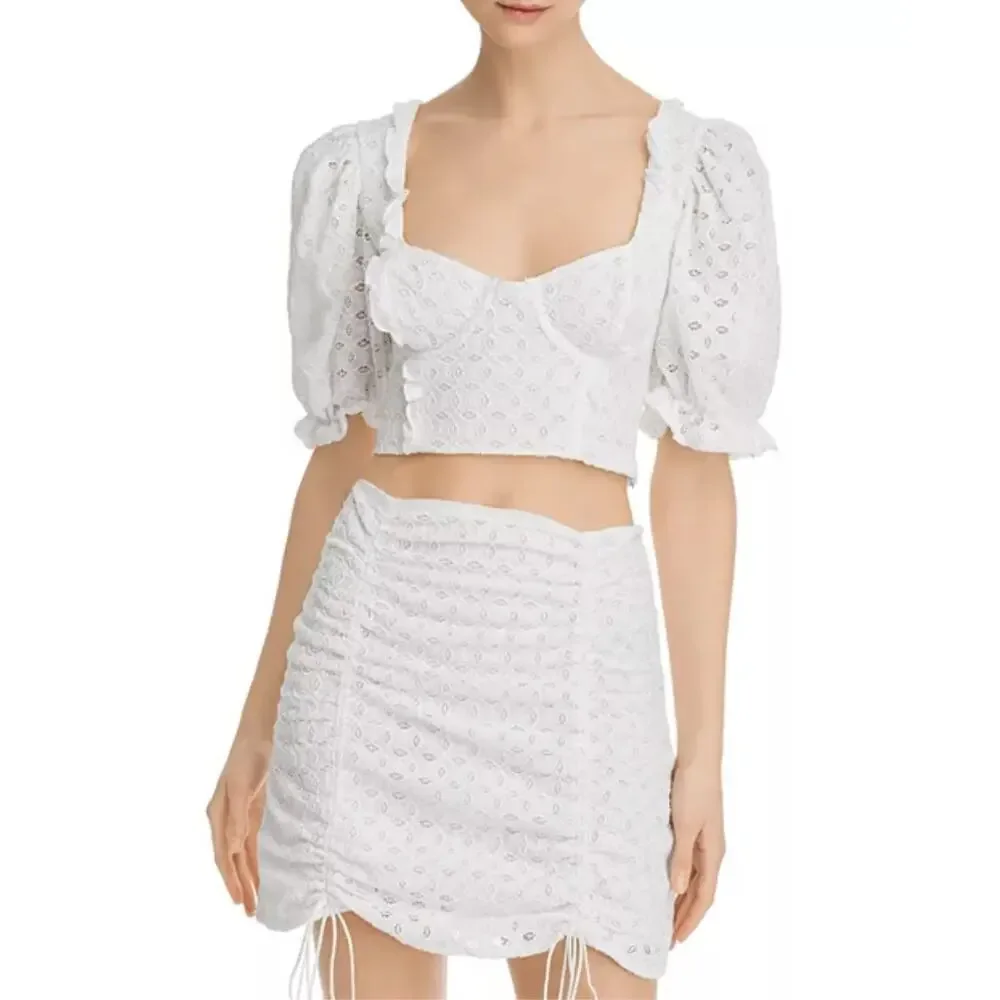For Love and Lemons Top and Skirt Set Sand Dollar Lace Up Eyelet White Size M